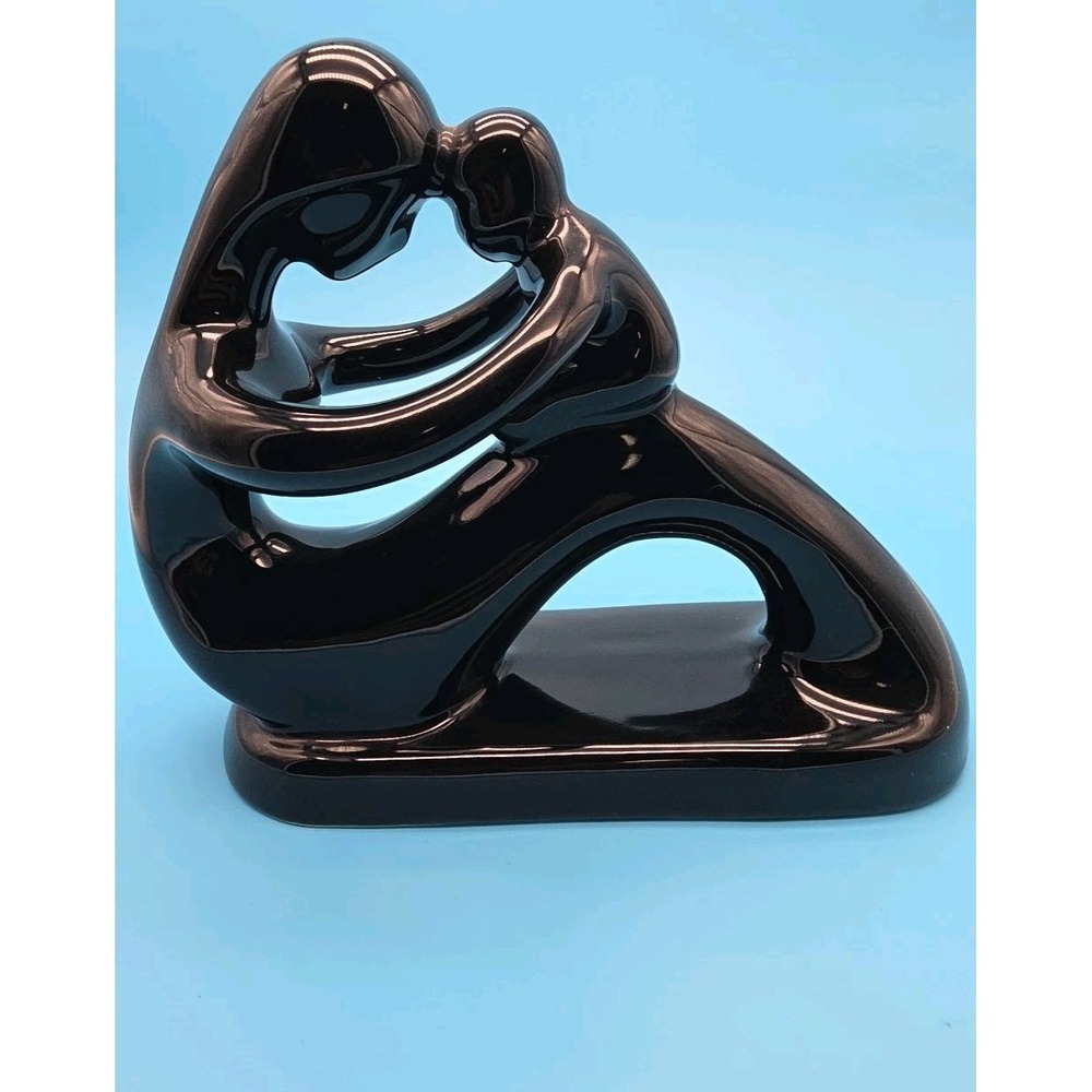 Black Resin Abstract Sculpture Mother & Child Modern Art Made in Thailand